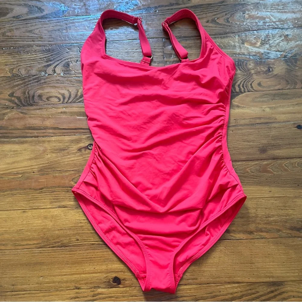 Anne Cole Ruched One-Piece‎ Swimsuit in Red Square Neckline Adjustable Small
